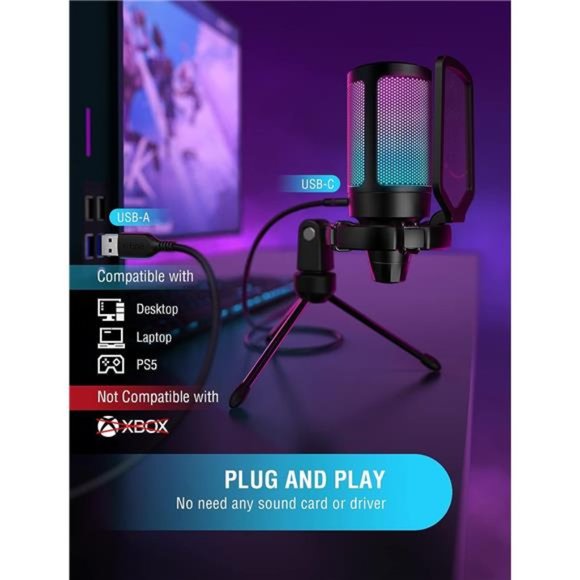 Gaming USB Microphone for PC PS5, Condenser Mic with Quick Mute, RGB Indicator - Picture 3 of 6